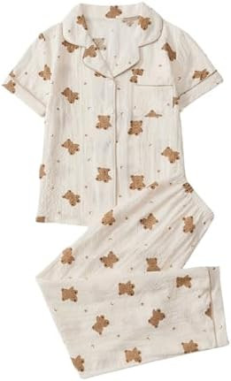 Verdusa Women's 2 Piece Pajama Sets Cute Printed Fall Pajamas Sleepwear Button Up Shirt with Pant... | Amazon (US)