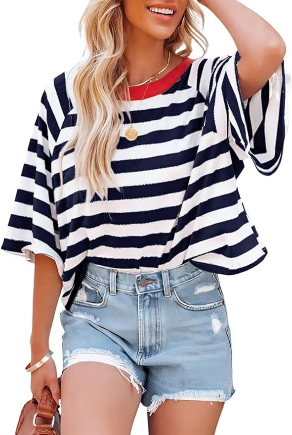 Dokotoo Tops for Women Striped 2026 Fashion T Shirts for Women Color Block Crewneck Design Loose ... | Amazon (US)