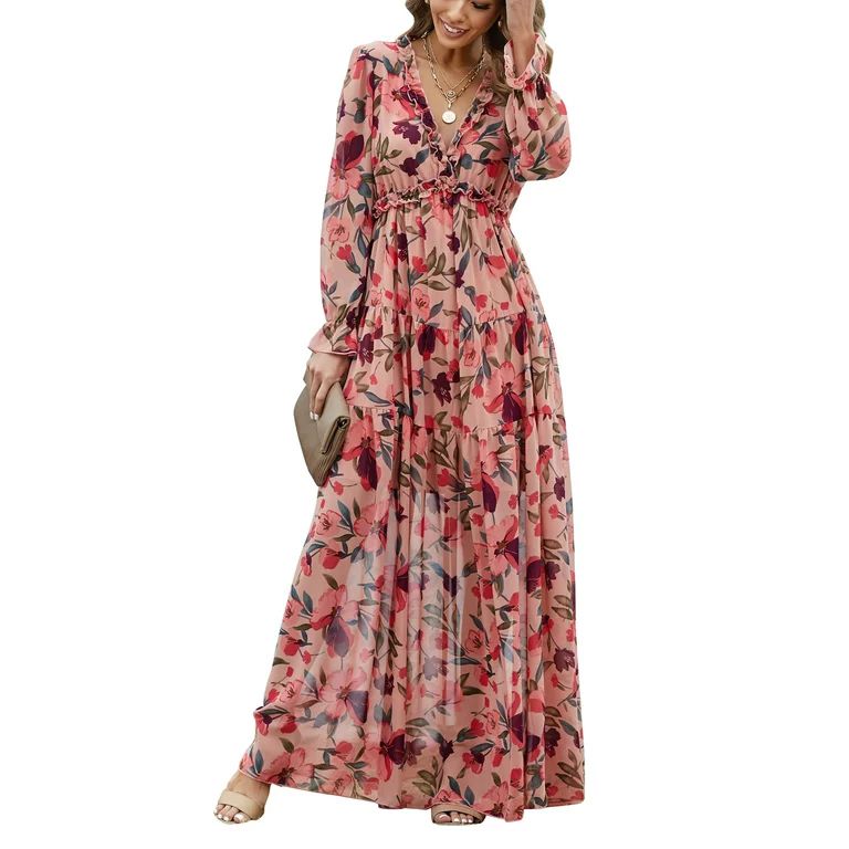 Dokotoo Women's Red Floral Maxi Wedding Dresses Casual Deep V Neck Long Sleeve Evening Dress Cock... | Walmart (US)