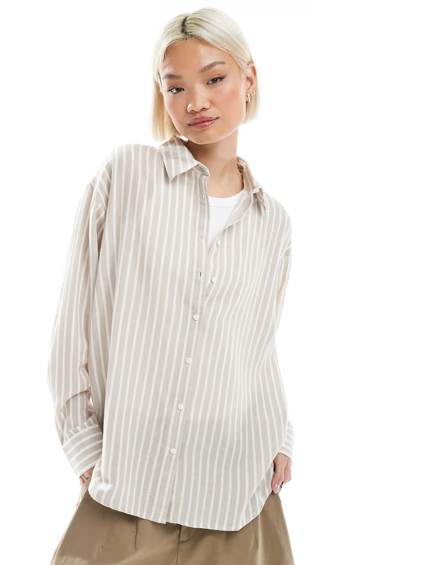 Pimkie linen blend oversized shirt in beige & white stripe-Neutral | ASOS (Global)