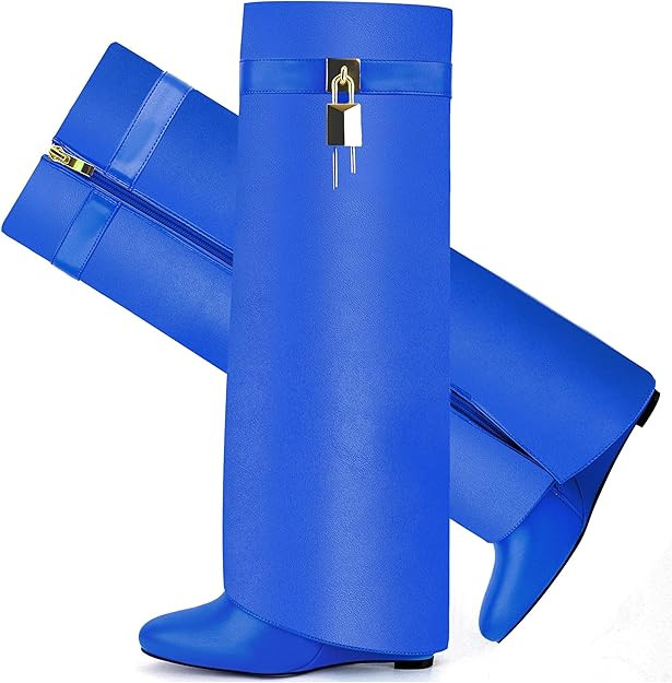 Fold Over Boots for Women Pointy Pull-on Wedge Heel Knee Shark Boot With Side Zipper Padlock Desi... | Amazon (US)