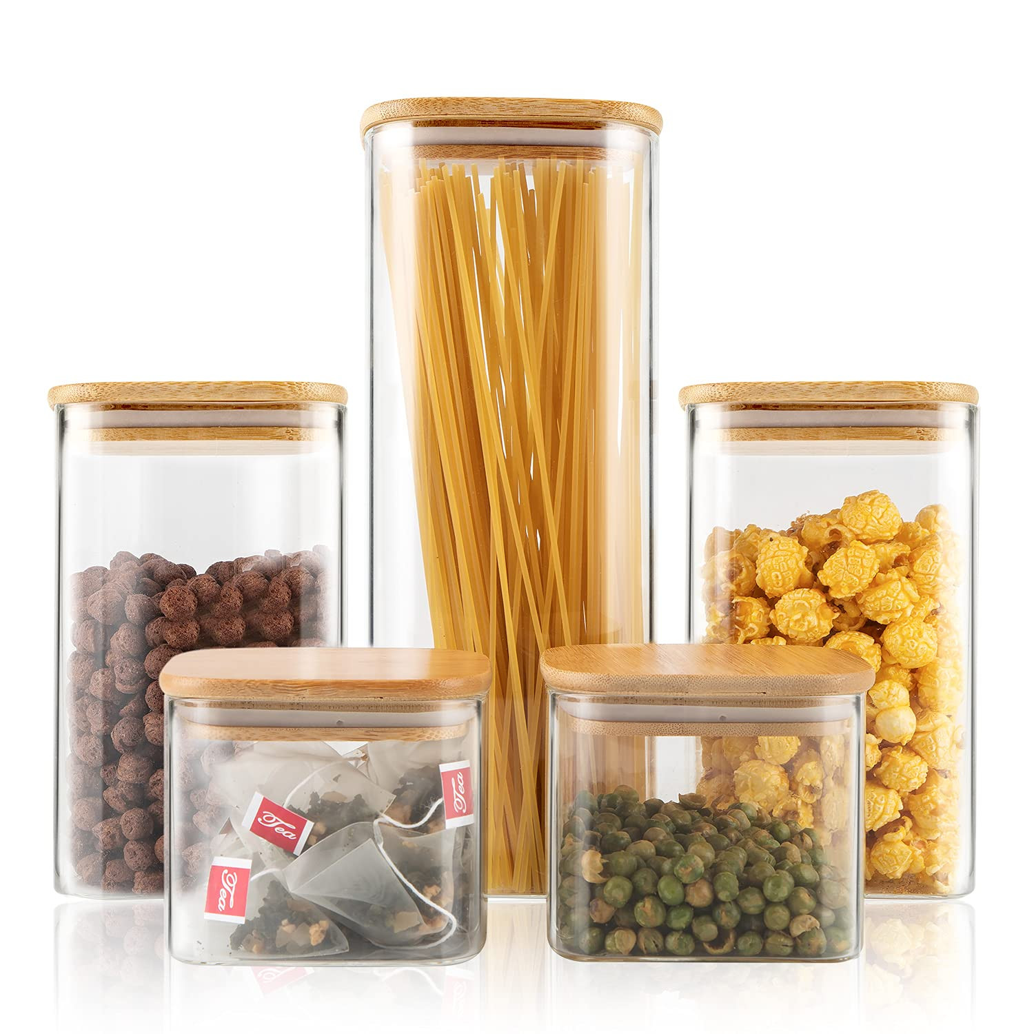 Food Storage Jars, (Square)Jars Set of 5-Glass Storage Containers Clear Glass Food Canister with Bam | Amazon (US)