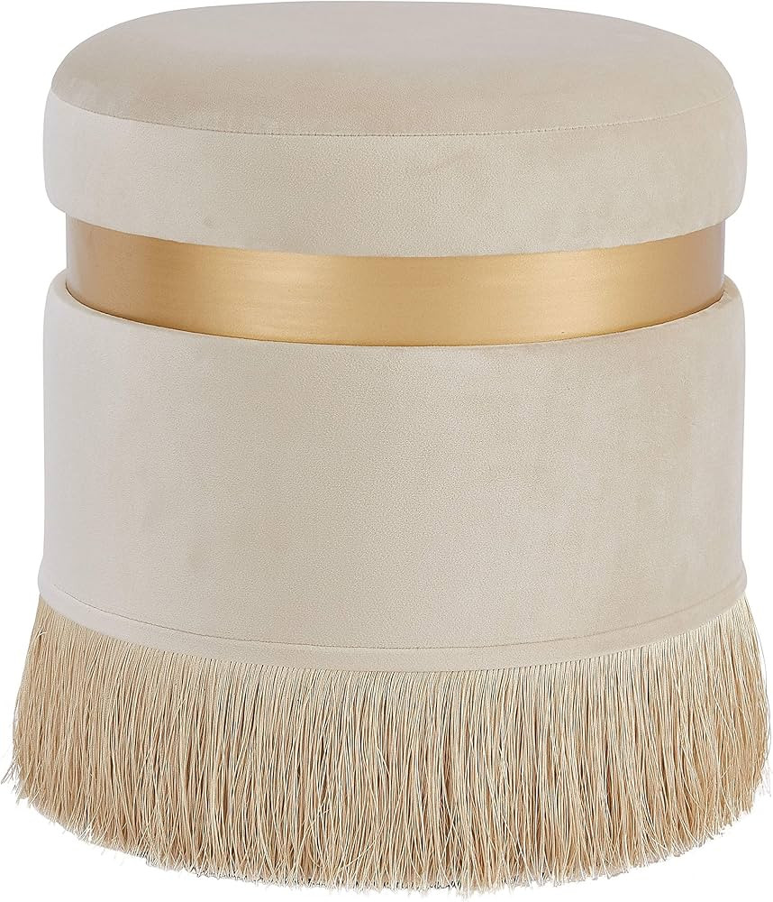 New Pacific Direct Suri Velvet Fabric Fringe Round Storage Ottoman, Serene Cream | Amazon (US)