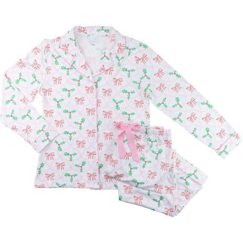 Ladies Pink And Green Bow And Holly Knit Pajamas | Cecil and Lou
