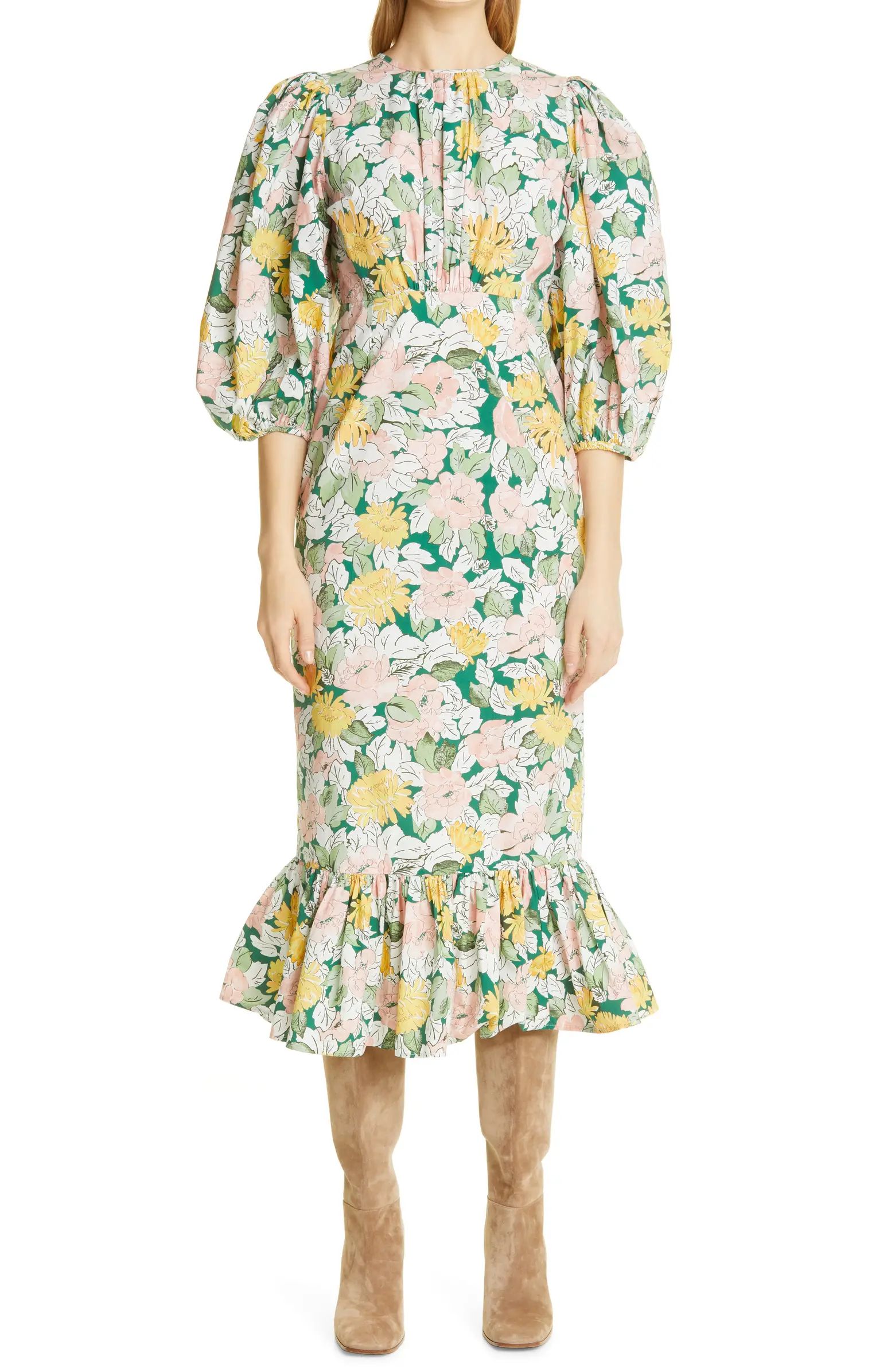Floral Print Ruffle Cotton Midi Dress | Nordstrom