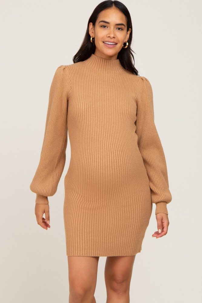 Camel Mock Neck Puff Sleeve Maternity Sweater Dress | PinkBlush Maternity