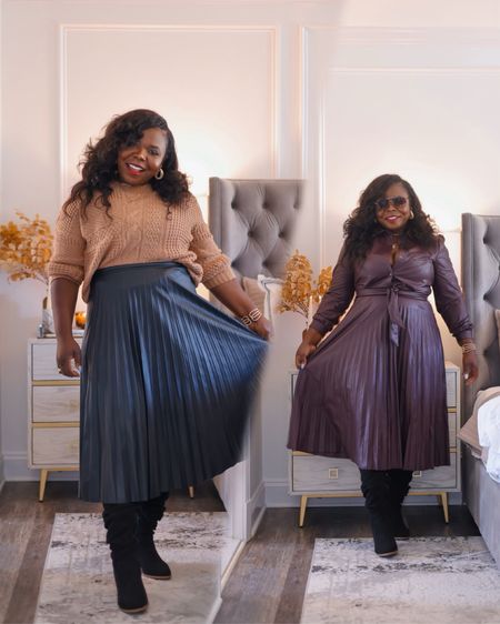 Which outfit would you wear for thanksgiving?! Both are giving chic and can you believe these are from Walmart?! 🤌🏾 #holidayoutfit #ootd #sweater #walmartfashion 