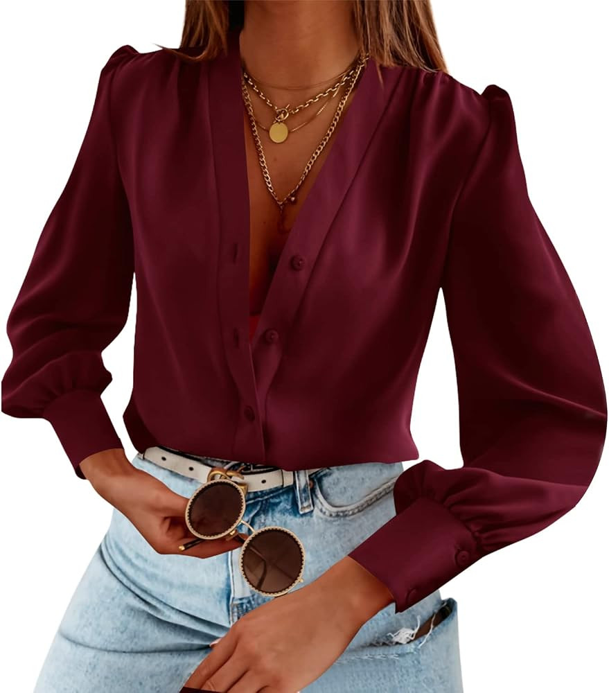 Women's Business Casual Tops Summer Long Sleeve Button Down Shirts V Neck Chiffon Blouses | Amazon (US)