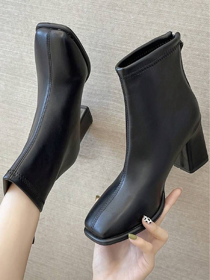 Women's Elegant & Simple Square Toe Block Heel High Heeled Boots | SHEIN