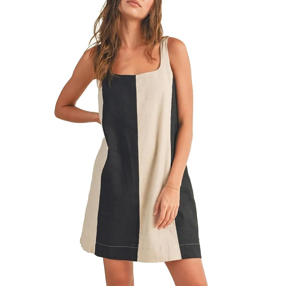 Womens Sleeveless Cotton Dress Summer Fall Color Block Mini Dress Casual Short Adjustable Straps ... | Amazon (US)