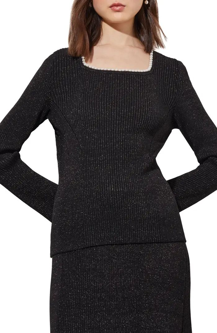 Imitation Pearl Collar Shimmer Rib Sweater | Nordstrom