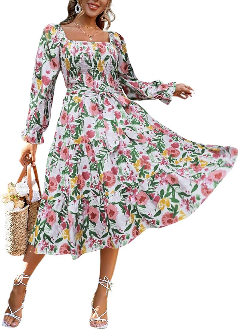 Glamaker Women's Short Sleeve Smocked Square Neck A Line Summer Flowy Maxi Long Dress | Amazon (US)