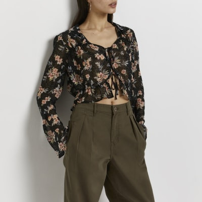 Black floral tie front cropped shirt | River Island (UK & IE)