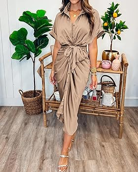 BTFBM 2024 Women Button Down Ruched Shirt Dresses Short Sleeve Lapel V Neck Elegant Party Spring ... | Amazon (US)