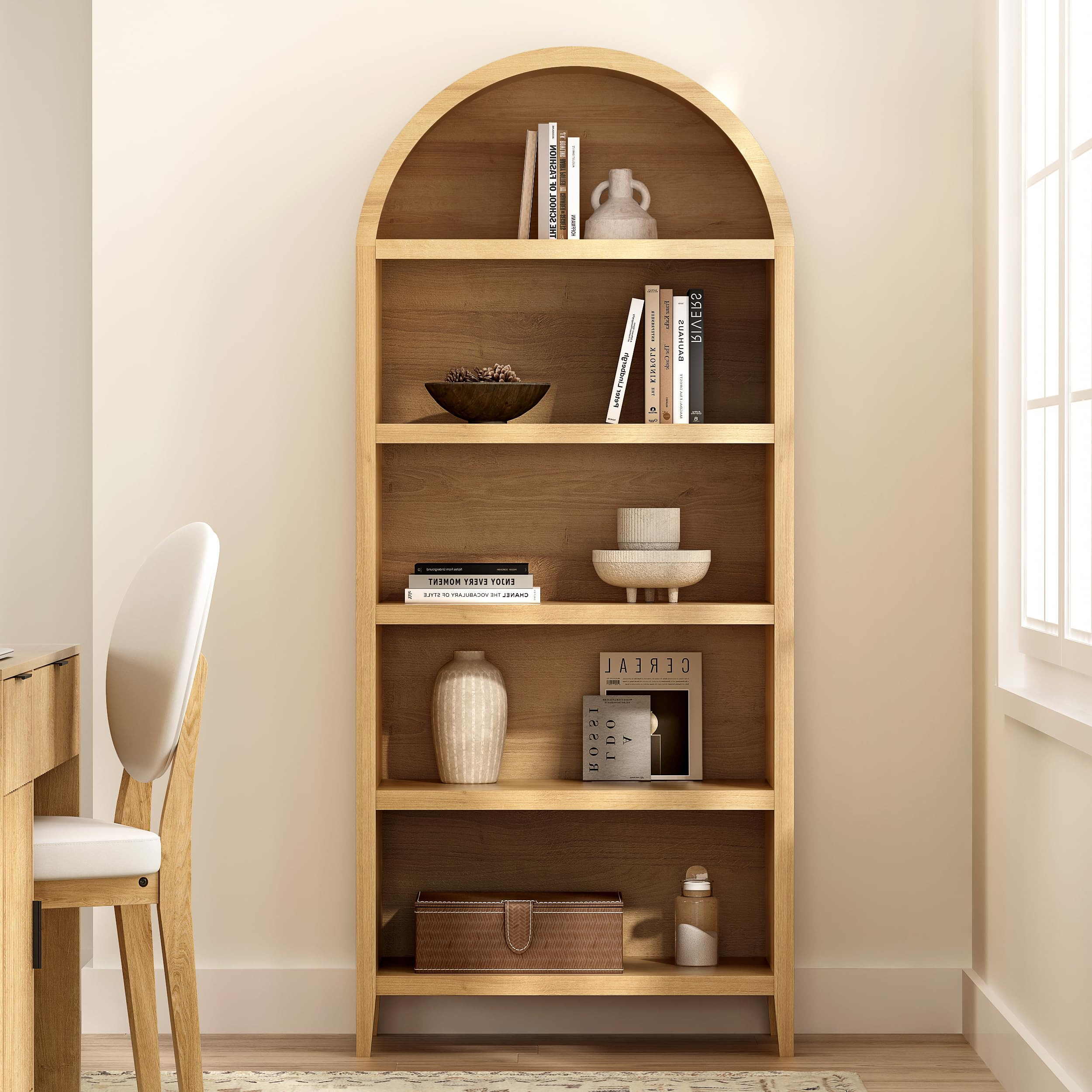 71" Tall Arched Bookshelf, 5-Tier Farmhouse Large Open Display Cabinet, 71" Modern Wood Bookcase ... | Amazon (US)