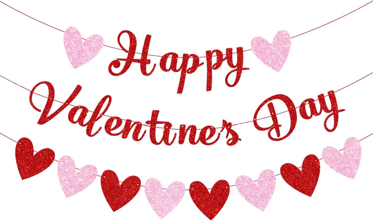 CAVLA Red Glittery Happy Valentine's Day Banner and Red Pink Glittery Hearts Banner Valentine's D... | Amazon (US)