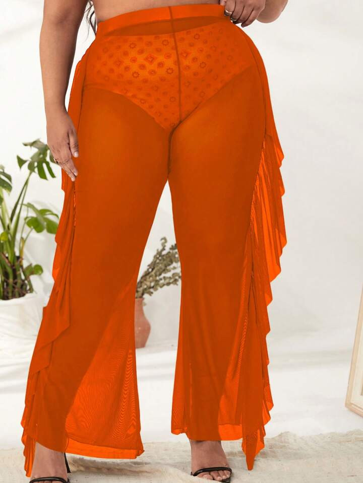 SHEIN Swim Vcay Plus Ruffle Trim Sheer Mesh Cover Up Pants Without Panty | SHEIN