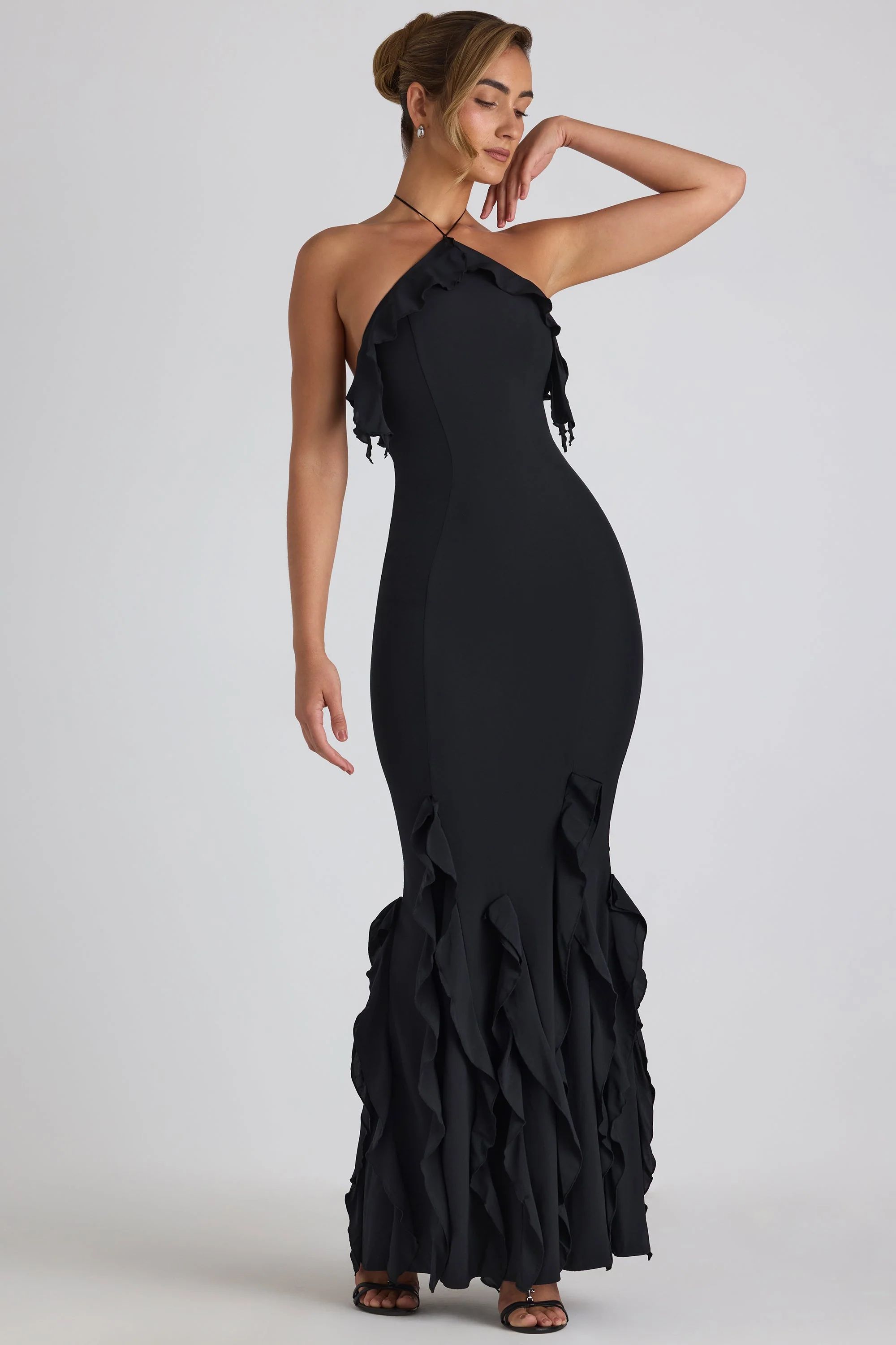 Ruffle-Trim Halterneck Gown in Black | Oh Polly