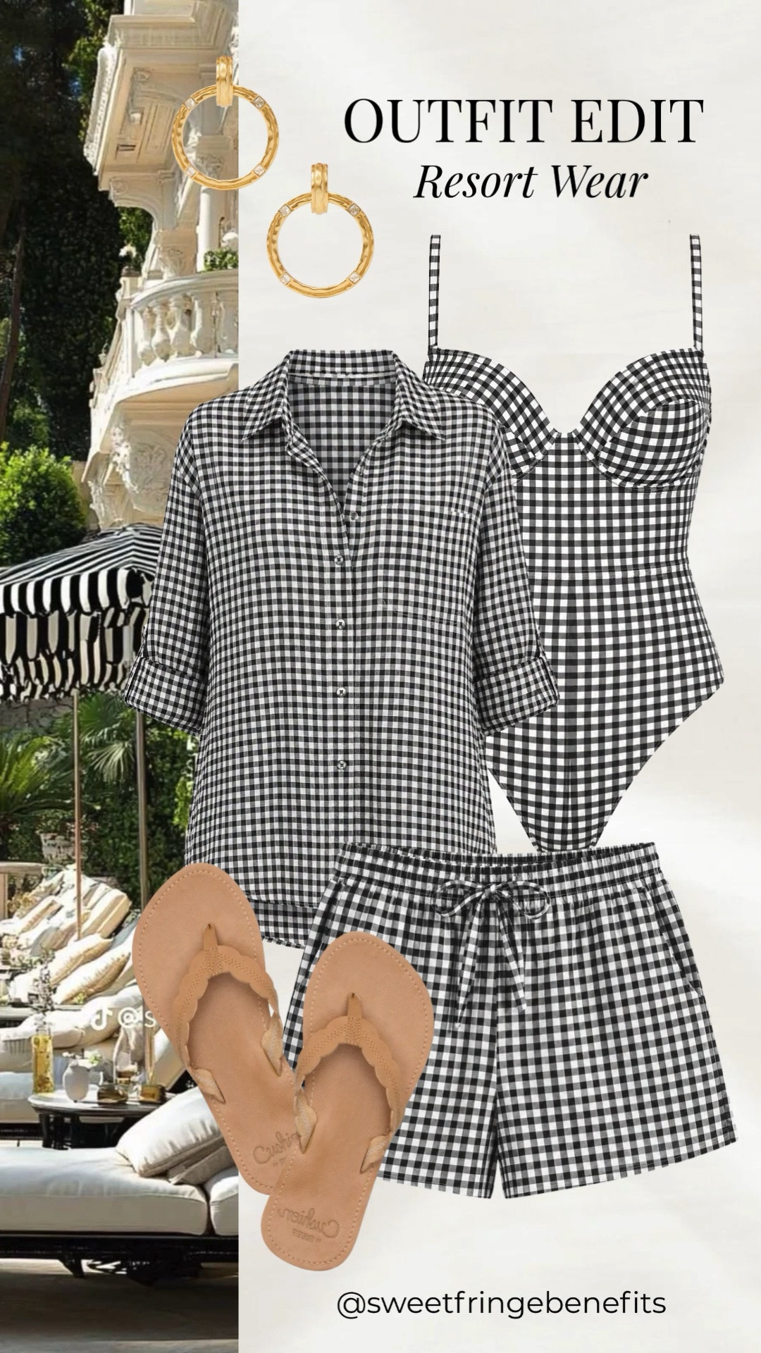 Resort style made easy! This black-and-white gingham collection is perfect for your next getaway. Wear the button-down over the matching swimsuit for a chic poolside look, then pair it with the coordinating shorts and sandals for sightseeing, lunch, or strolling the resort in effortless style.

💡 LTK MADE EASY
❤️ Heart = Support my posts!
🔖 Save = Get sale & restock alerts
📋 Lists = Keep favorites organized
📲 Share = Send lists and products to a friend. Hello, Christmas List!
💬 Comment = Ask me anything about sizing or fit. :-)

#LTKootd #LTKSaleAlert #LTKSwim