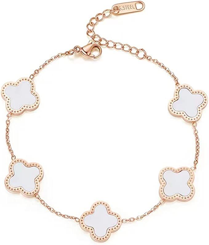 Bracelets for Women Girls, 14K Rose Gold Adjustable Bracelet Cute Plated Gold Lucky Clover Fashio... | Amazon (US)