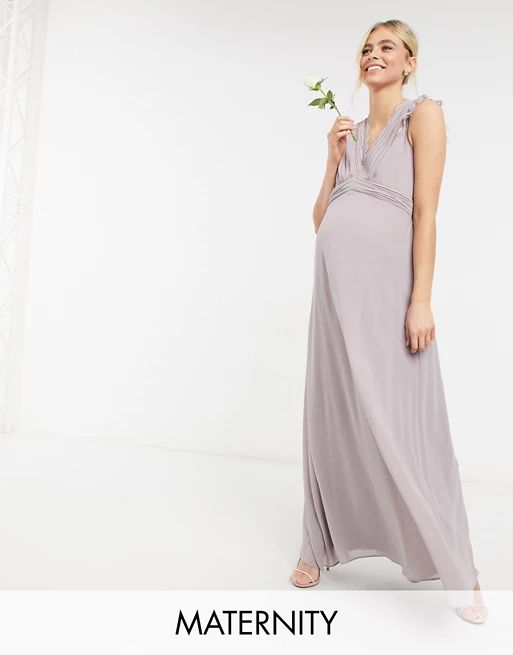 TFNC Maternity bridesmaid lace trim plunge front maxi dress in gray | ASOS (Global)