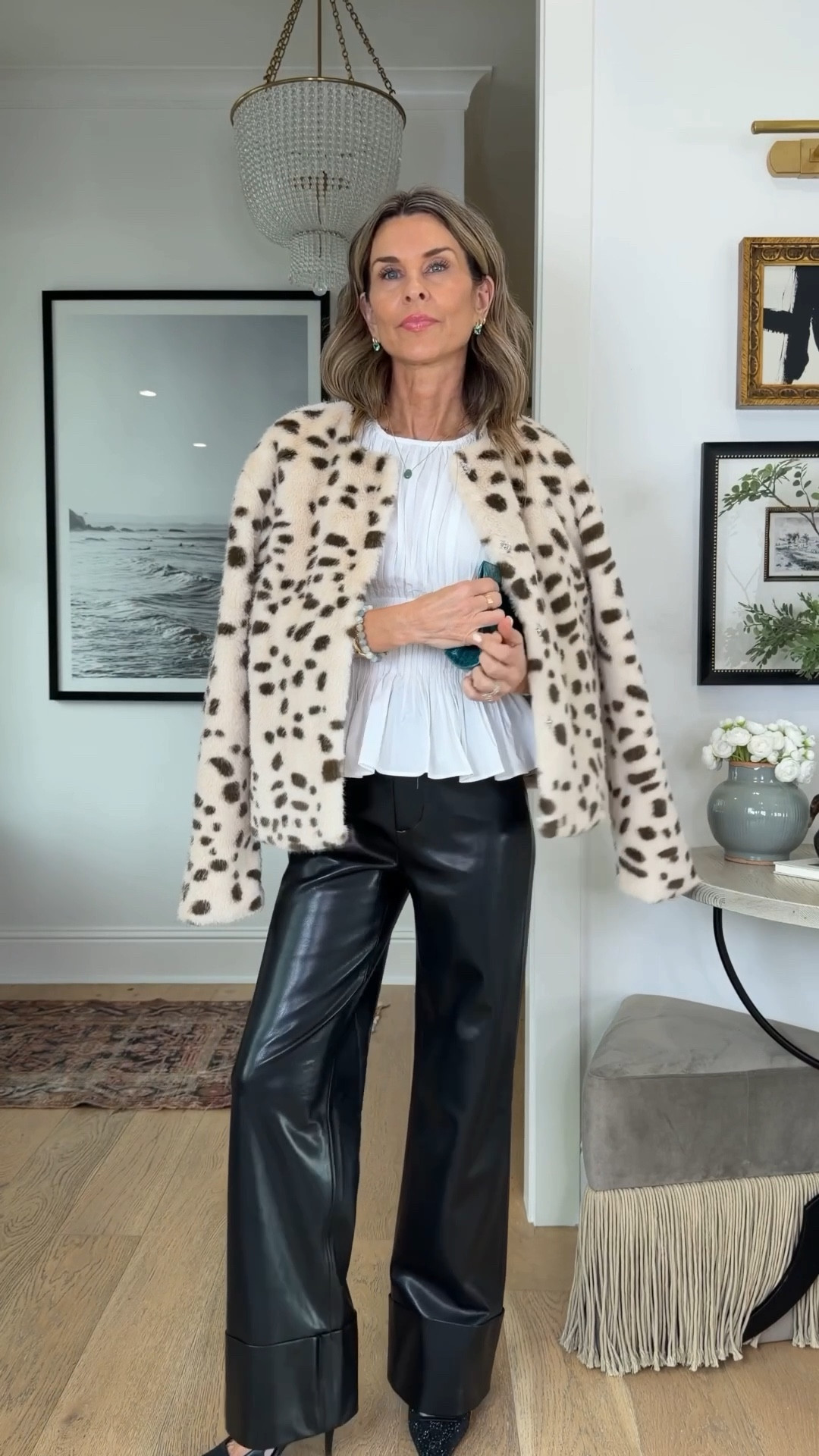 I’m 5’6’’.
-Rue Sophie pleated blouse  wearing size XXS(I need XS)  Beautiful details, cotton blouse, full zip up the back. Runs TTS 
-Alice + Olivia leather pants (DISCOUNT CODE Tammy15) are butter soft faux leather pants with cuff. Perfect for events or a night out. TTS
-Target animal print jacket size S
-Quince striped polo size S

#LTKSeasonal #LTKootd #LTKOver40