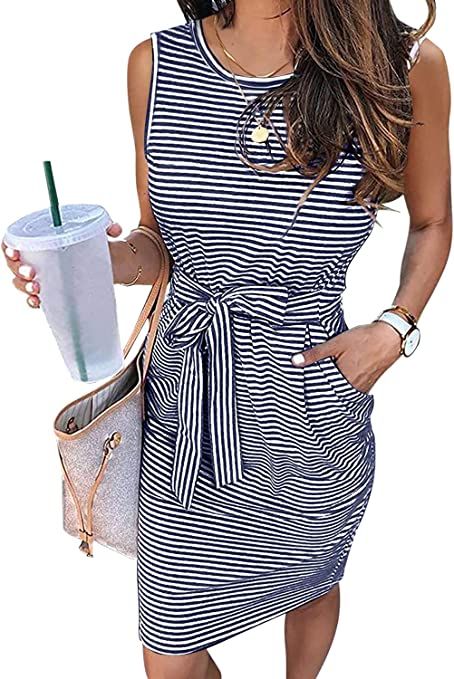 PRETTYGARDEN Women's Summer Sleeveless Bodycon Dresses Casual Crewneck Belted T Shirt Dress with ... | Amazon (US)