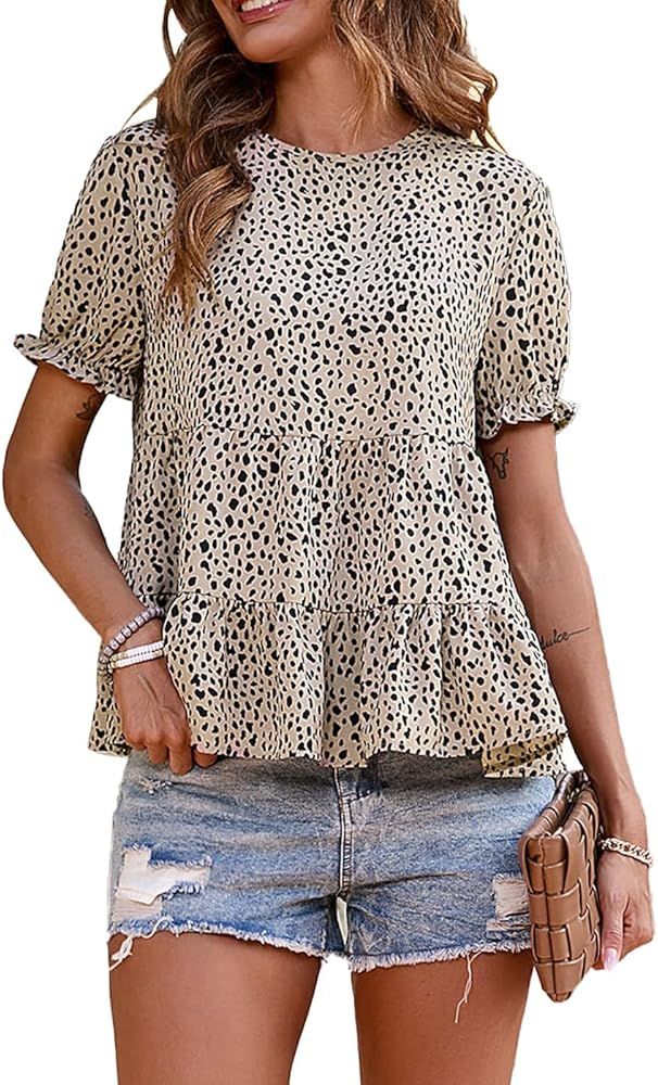 PRETTYGARDEN Women's Leopard Blouse Short Puff Sleeve Crewneck Babydoll Shirts Peplum Tunic Tops | Amazon (US)