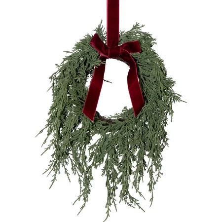 My Texas House Evergreen Artificial Christmas Wreath with Velvet Ribbon, Green and Red, 12" | Walmart (US)
