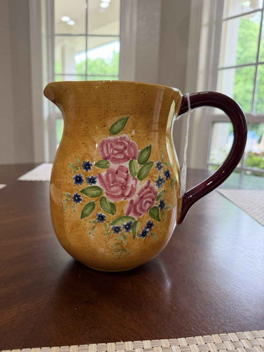 Floral Ceramic Pitcher Jug Yellow Burgundy Handle Glossy Finish | eBay | eBay US
