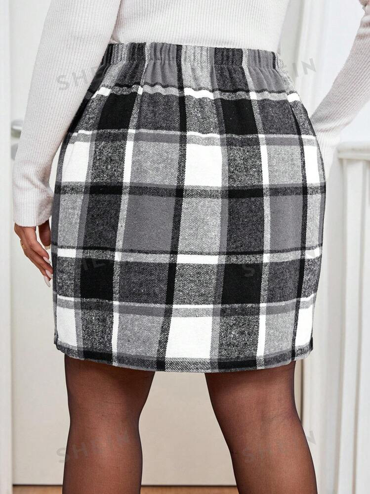 SHEIN Clasi Plus Size Women Plaid Brushed Skirt, Autumn/Winter | SHEIN