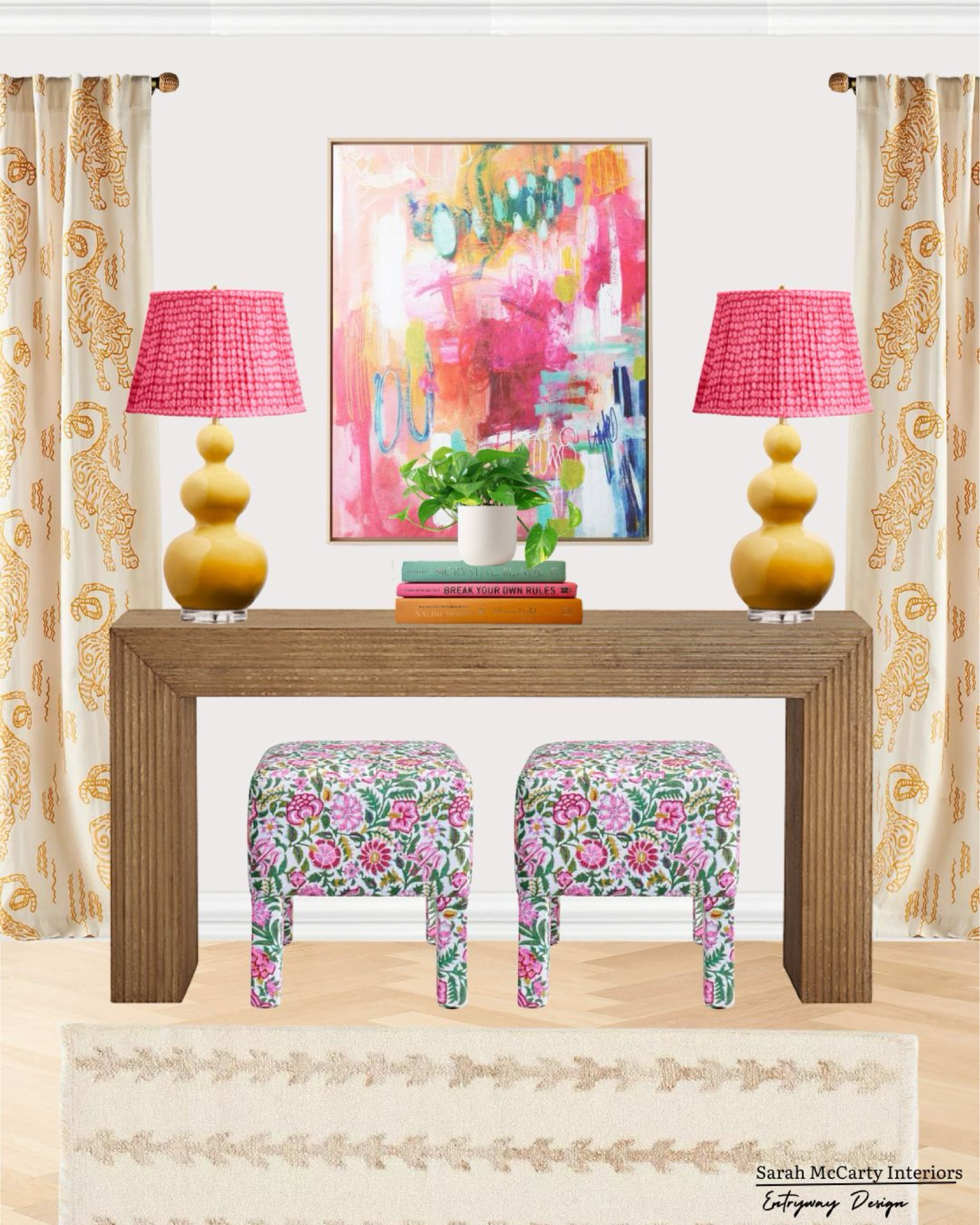 Entryway design 🩷💛 Florals and pink pastels to brighten your entry! Console table, ottoman stools, table lamps, colorful art, curtain panels, animal print, colorful home design, area rug, table decor

#LTKStyleTip #LTKHome