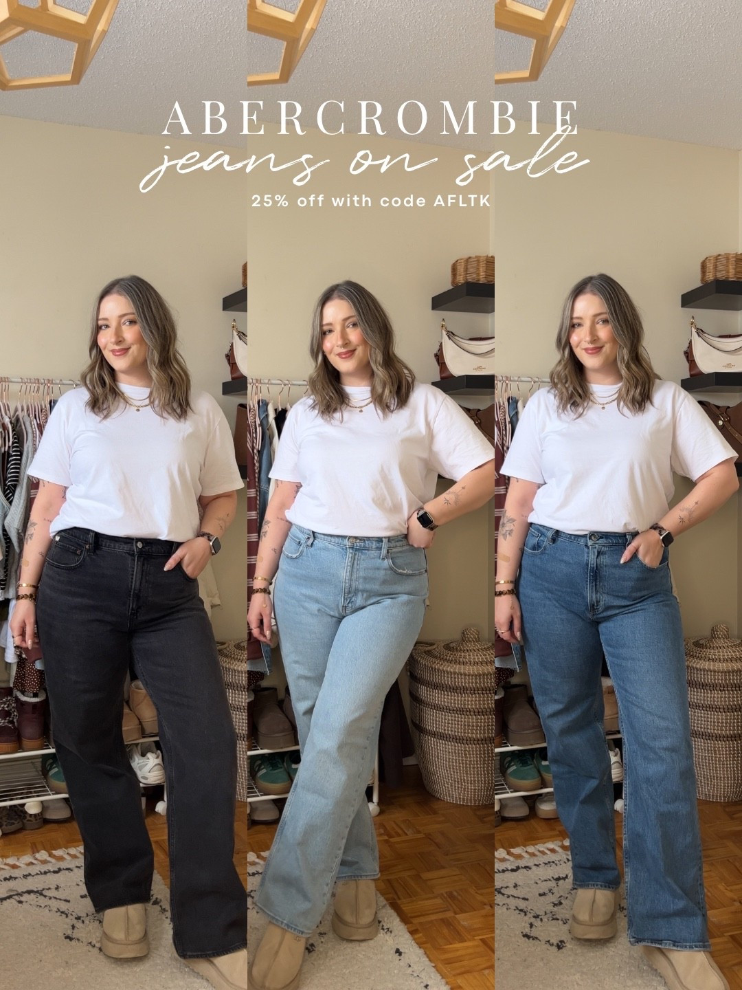 My all time fave jeans from Abercrombie! Code AFLTK for 25% off! Wearing 32, I probably could do a 31, but I prefer a looser fit! I’m 5’8 with shorter legs and a long torso, so I get regular length. They are comfy, flattering, and have the perfect amount of stretch! This white cotton tee is not see through and the high neck makes it perfect for layering, wearing my usual size L. Ugg tazz fit TTS, wearing 10


#LTKsale #LTKjeans #LTKmidsize
