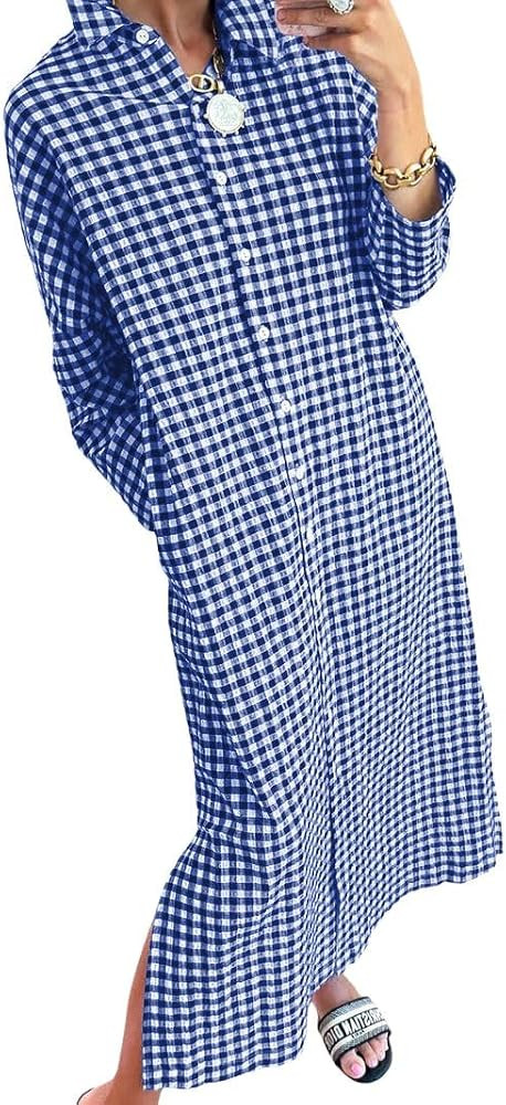 chouyatou Women's Casual Loose Button Down Plaid Shirt Dress Long Sleeve Side Slit Cotton Gingham... | Amazon (US)