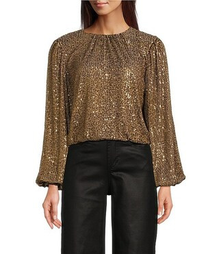 Woven Mesh Sequin Ruched Crew Neck Long Peasant Sleeve Back Keyhole Blouse | Dillard's