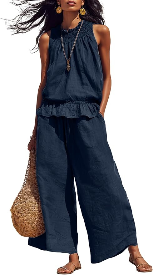 Tanming Women's Linen 2 Piece Outfits Sleeveless Ruffle Top Wide Leg Pants Summer Loungewear Beac... | Amazon (US)