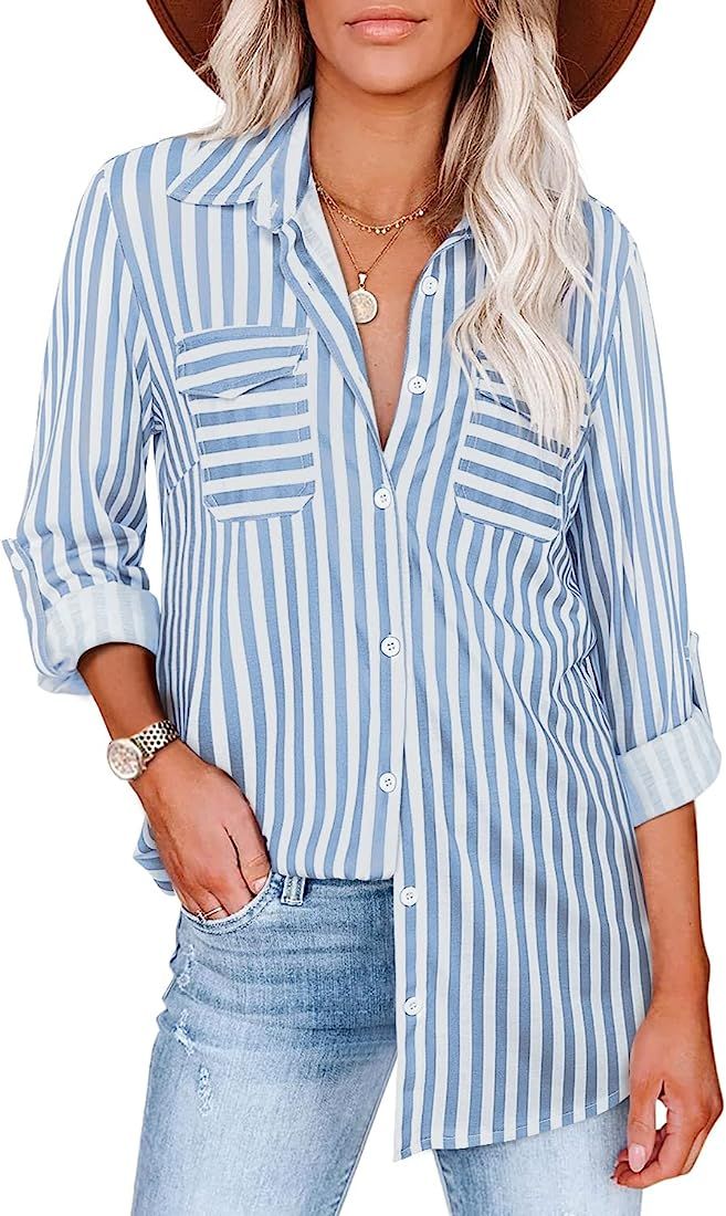 Cestyle Striped Blouse for Women, Button Up Shirts Roll-up Long Sleeve Collared Shirt Classic Fit... | Amazon (US)