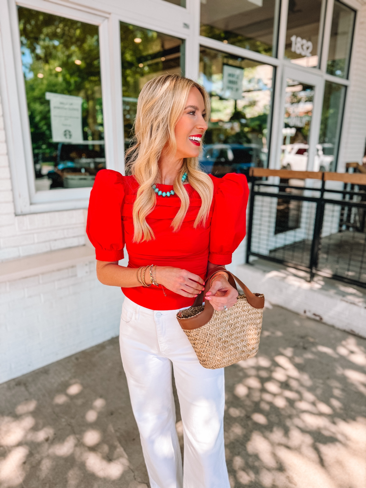 How pretty is this puff sleeve top from Avara? 

White denim / Red top / beaded necklace / Classic style / Straw bag

#LTKdayinmylife #LTKootd #LTKgrwm