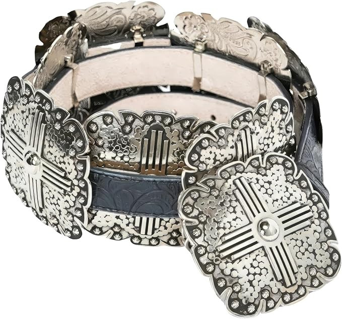 Ladies Black Floral Embossed Leather Belt with Antique Silver Tone Square Conchos, Removable Buck... | Amazon (US)