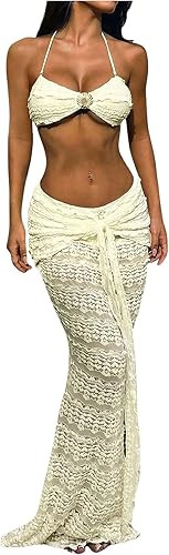 WDIRARA Women's 3 Piece Swimsuit Textured Halter Thong Bikini Set with Cover Up Skirt | Amazon (US)