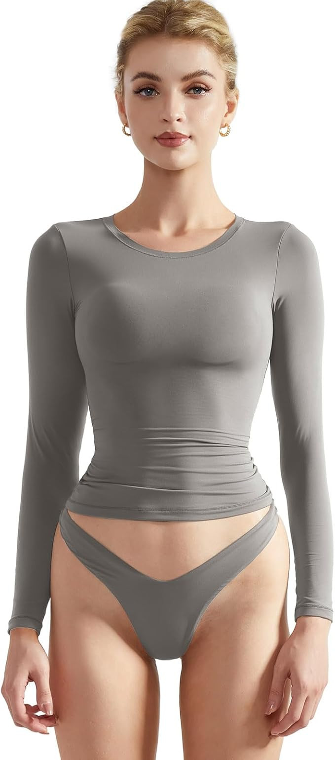 SUUKSESS Women Double Lined Fitted Basic T Shirts Crew Neck Long Sleeve Crop Top | Amazon (US)