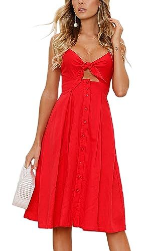 ECOWISH Womens Dress Summer Tie Front V-Neck Spaghetti Strap Button Down A-Line Backless Swing Mi... | Amazon (US)