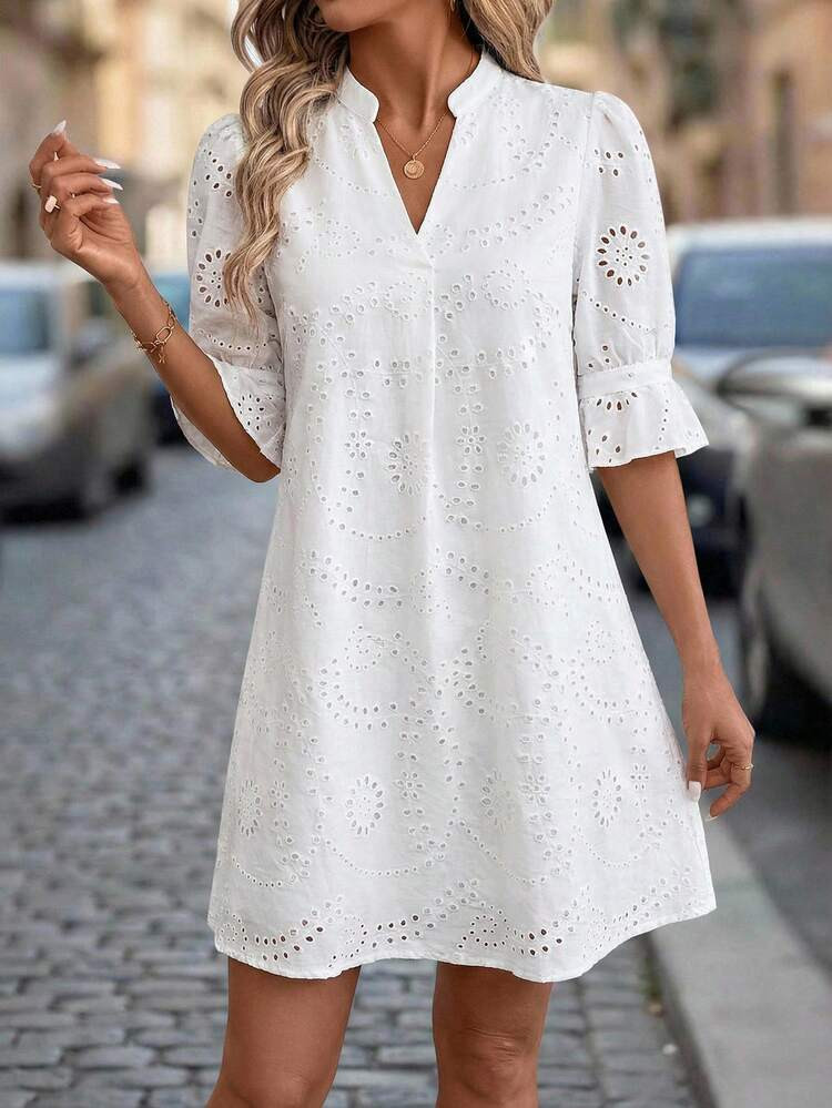 Editum Women's White Floral Eyelet Embroidery Cotton Dress,Elegant Summer Holiday Vacation Holiday,Notched Neck Cutout Half Sleeve Ruffle Hem Loose Dress | SHEIN