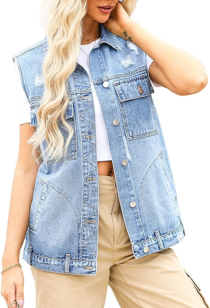 Dokotoo Womens Vests Outerwear Fashion Casual Distressed Mid Long Loose Oversized Sleeveless Deni... | Amazon (US)