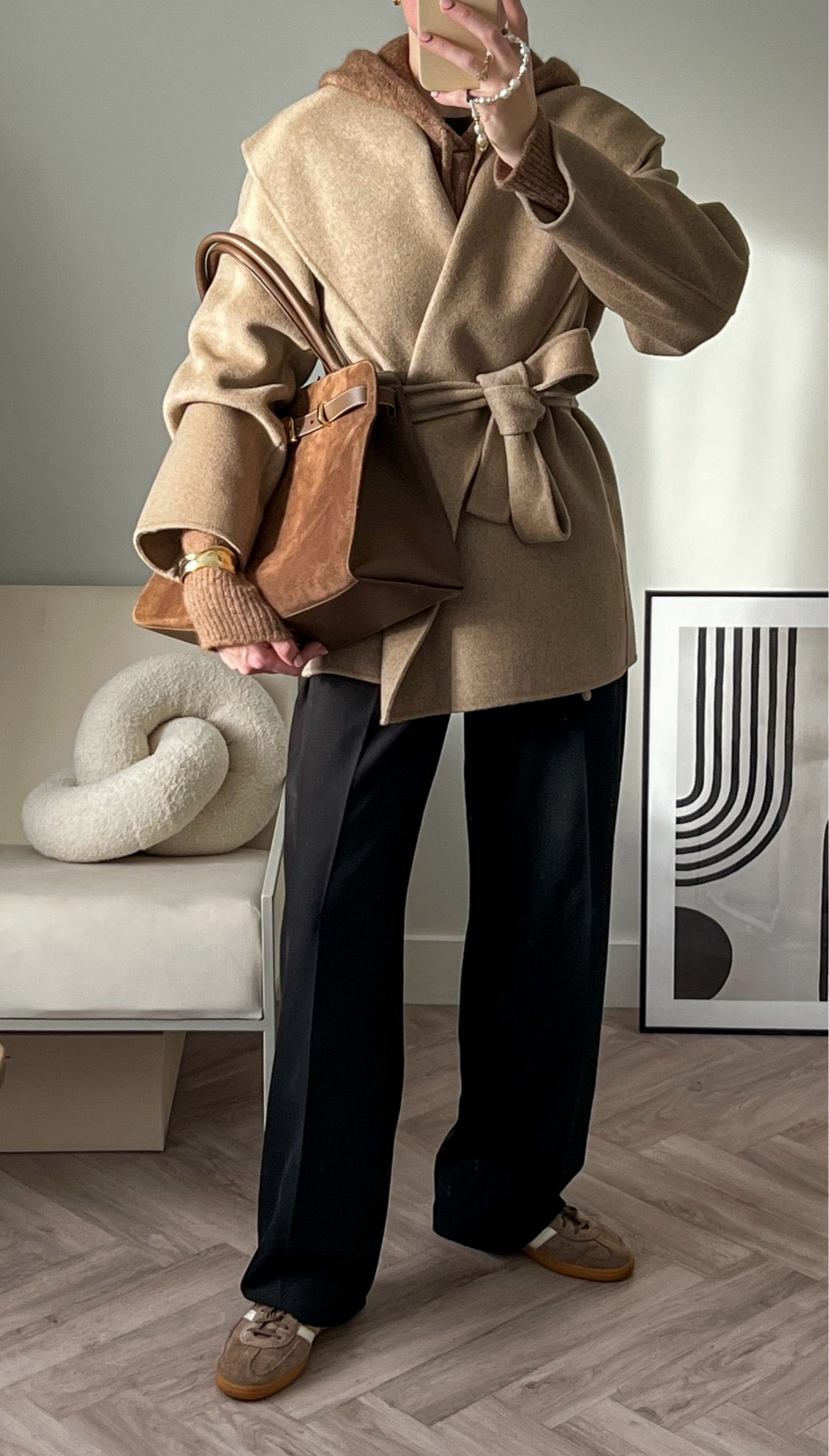 Black wide leg trousers and suede sneakers outfit - using the colour sandwich method to look put together getting dressed quickly for a chic school run outfit  🥪 (match the colour of your outerwear/top half to the colour of your shoes with a contrasting colour worn inbetween) - linking adidas spezial trainers in stock and suede sneakers alternatives and suede tote bag alternatives below 👇🏼  #suede #suedebag #adidasspezial #styletip

#LTKstyletip #LTKshoes #LTKuk