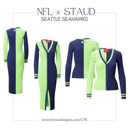 Staud x NFL: Seattle Seahawks 

Colorblocked Sweater Dress + Striped Sleeve Varsity Cardigan

So cute for football game day! 🏈

#LTKstyletip #LTKSeasonal