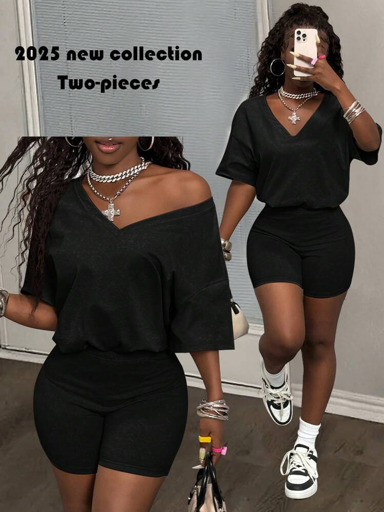 Slaydiva 2025 Summer New Casual Street Light Green Imitation Snowflake Fabric V-Neck Loose T-Shir... | SHEIN