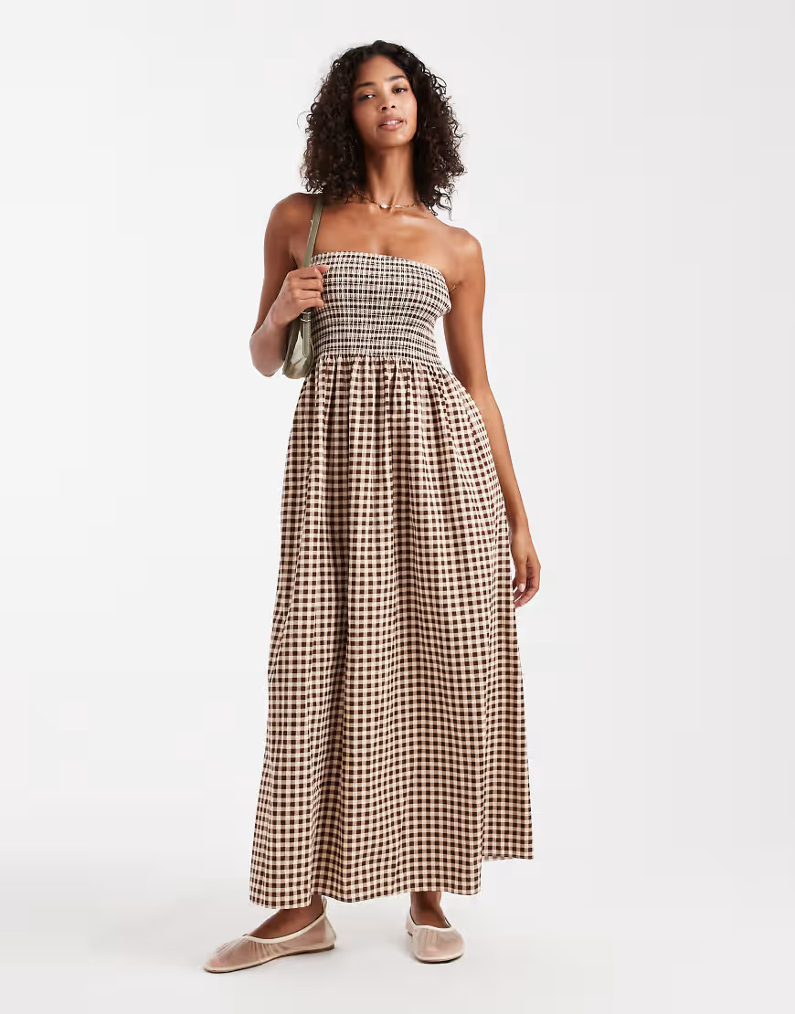 New Look shirred check bandeau midi dress in brown | ASOS (Global)