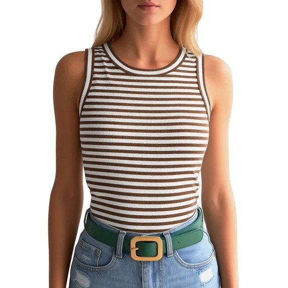 oqasdz Womens Tank Tops Striped Print Round Neck Slim Fit Sleeveless Nightwear Breathable Elastic... | Walmart (US)