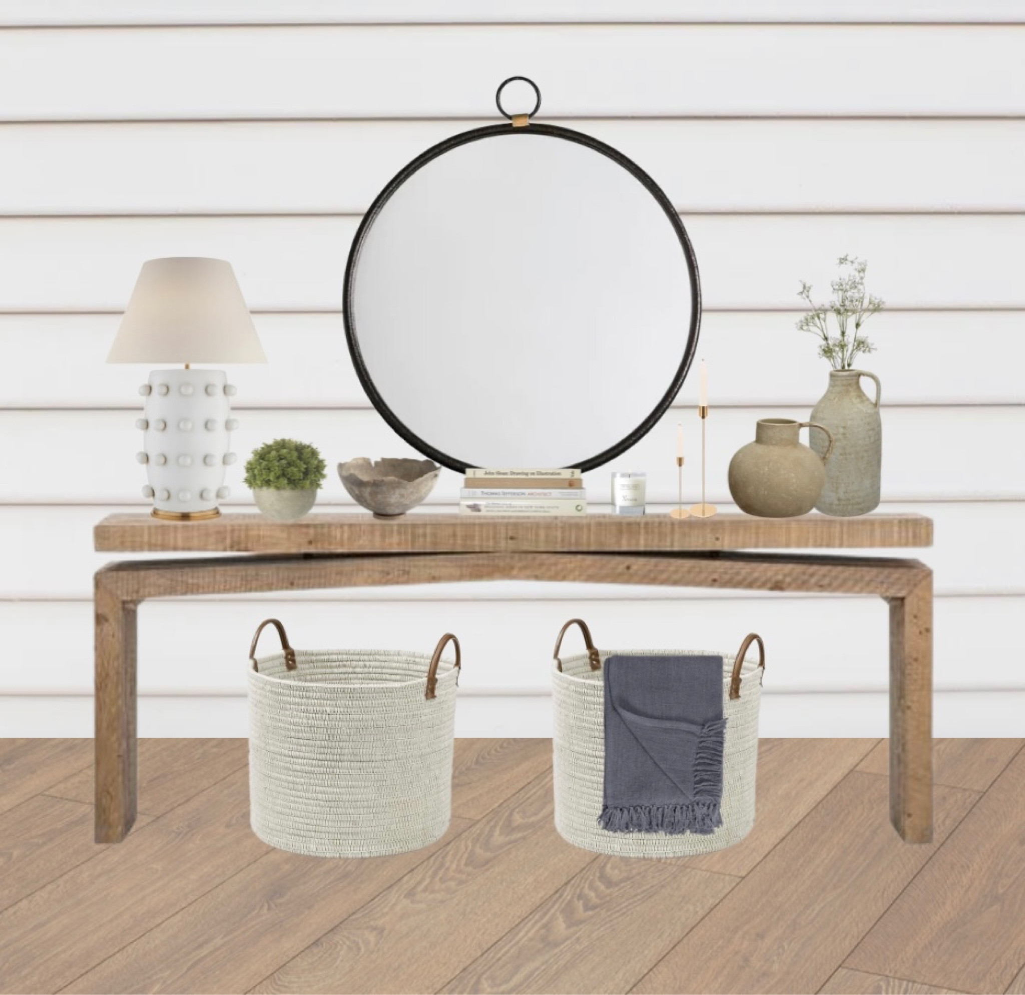Entryway Decor mood Board. Rustic farmhouse inspired entry way decor. Wooden console table styled with rustic accents. Hallway decor ideas. Entryway storage ideas. 

#LTKU #LTKhome #LTKstyletip